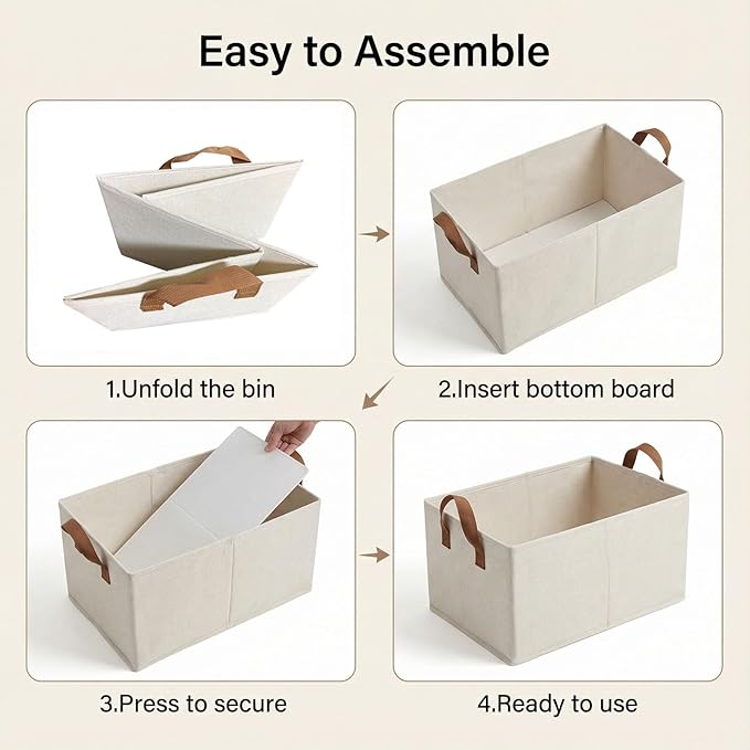 3 Pack Storage Bins Fabric Collapsible Organizers with Handles Sturdy Canvas with PP Board Beige Foldable Storage Box for Closet Shelves, Books, Toys, Clothes, Office Organization