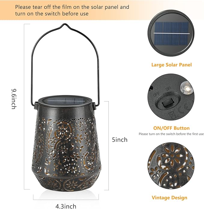 Solar Lanterns Outdoor Waterproof Hanging Solar Lantern, Retro LED Solar Powered Lantern Lights with Handle for Patio Garden Yard Pathway Lawn Porch Decor 2 Pack (Black)