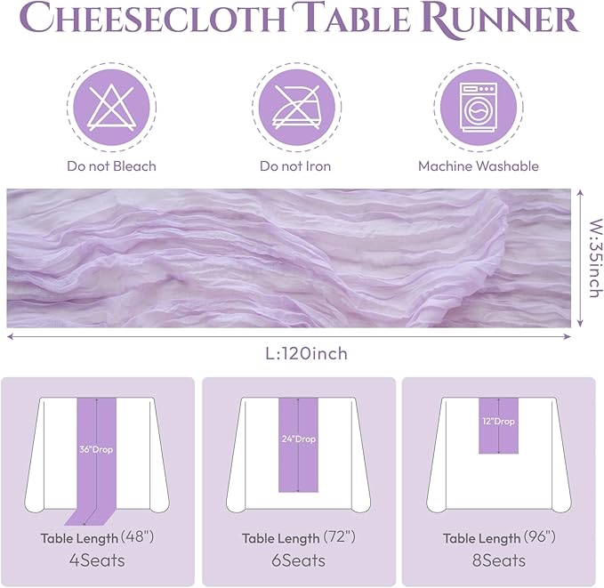 Sioloc 10 Pack Lilac Purple Lavender Cheesecloth Table Runner 120'' x 35'',Spring Easter Decor Soft Gauze Boho Wedding Table Decor for 10ft Table Birthday Party,Baby Shower, Bridal Shower