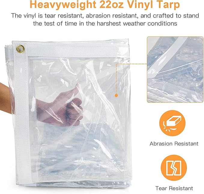 7 x 12FT Outdoor Clear Tarp Curtain Waterproof Wind-Proof 24 Mil Transparent Vinyl Tarp for Patio Pergola Garden Canopy Rainproof Anti-Tear PVC Thick Cover with Grommets