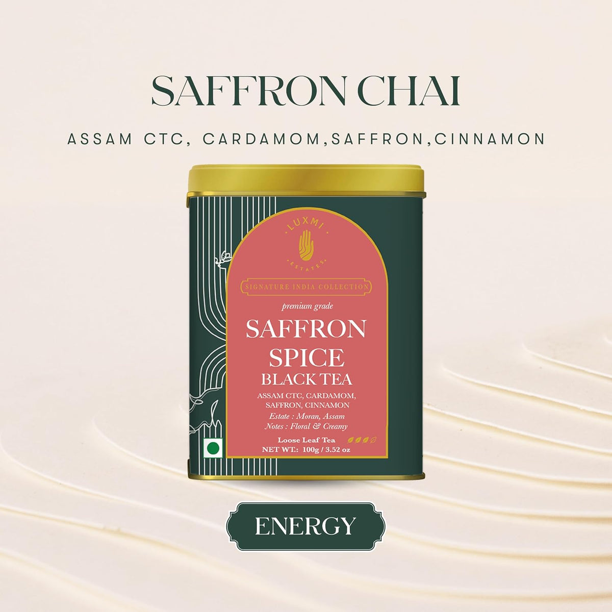 Luxmi Estates Saffron Chai, 100 gm, Signature India collection, Assam CTC Tea, Black tea collection, Saffron chai Organic Strong tea, Antioxidants
