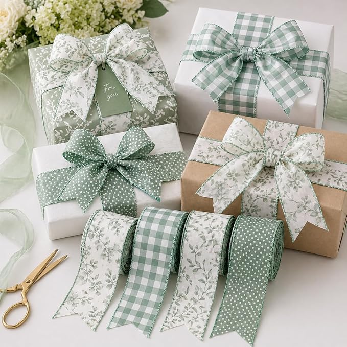 Sage Green Wired Ribbon Set, 4 Rolls 2.5 Inch Decorative Ribbon with Floral Gingham Polka Dot Leaf Designs for Wreaths, Bows, Gift Wrapping, Wedding Crafts