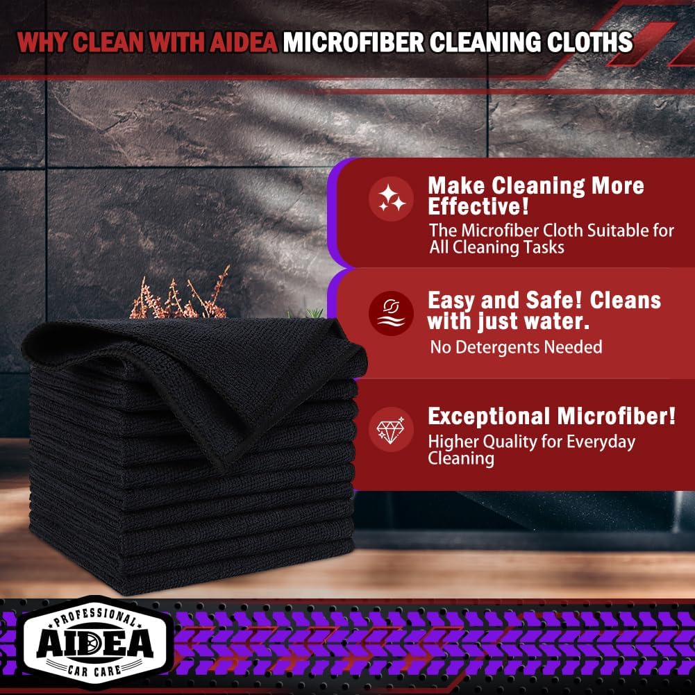 AIDEA Microfiber Cleaning Cloth Black 150PK,Cleaning Rags Shop Towel 12×12"