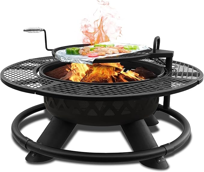 Red Mountain Valley 47" Outdoor Fire Pit with Adjustable Grill, 2-in-1 Outdoor Large Wood Burning Firepit Bowl, Bonfire Patio Fire Pits with Cooking grates, Metal Round Table for Backyard