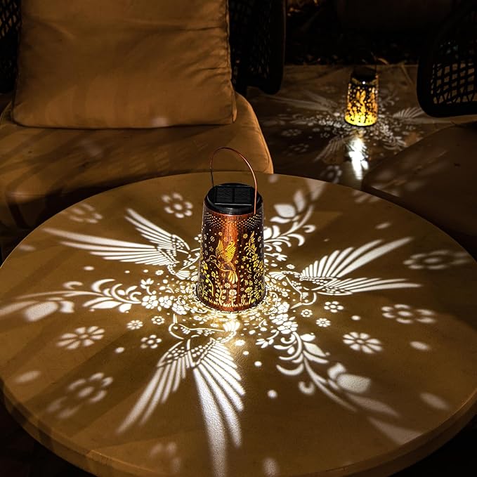 Solar Lanterns Outdoor Waterproof 2 Pack, 2 IN 1 Amber & White Modes Upgraded, Bird Garden Decor Gifts for Women Mom Grandma, Metal Hanging Solar Light Decoration for Yard Patio Porch Pathway