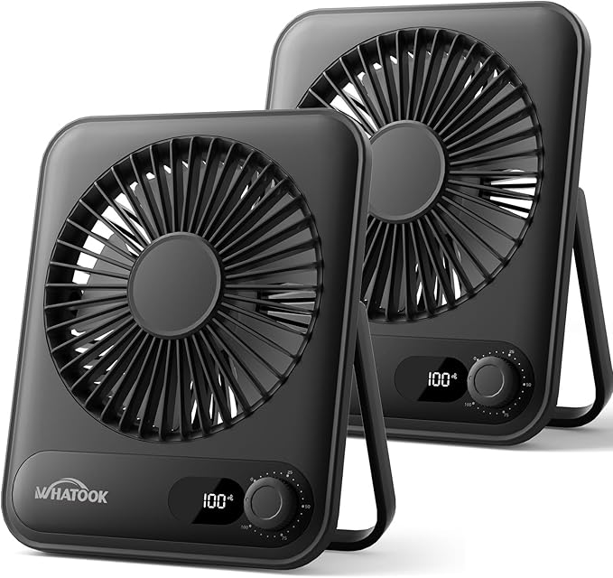 WHATOOK Desk Fan 2 Pack: 100 Speeds Stepless Control 5000mAh Battery Operated Portable Fan, Rechargeable Table Fan for Cruise Ship Essentials, Gift for Couples, Dorm, Office, Bedroom(Black and Black)