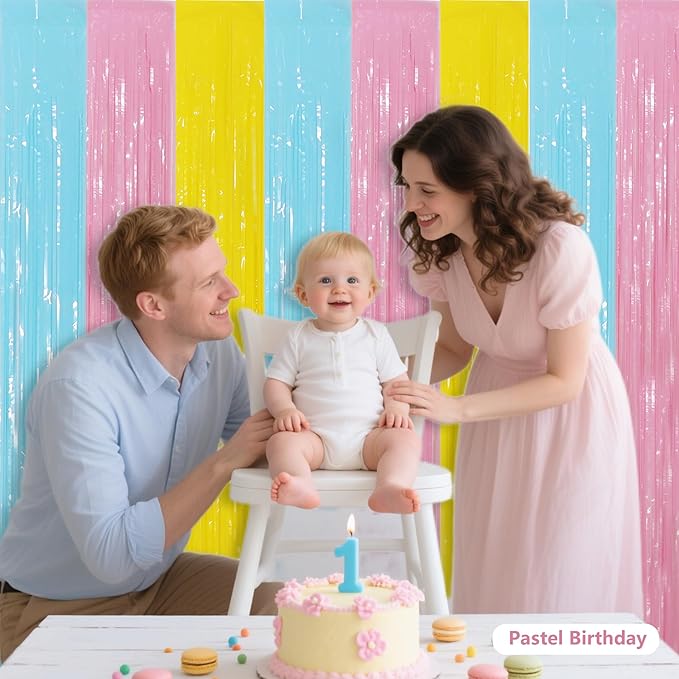 BEISHIDA 3Pcs Pastel Color Door Streamer Backdrop Foil Fringe Tinsel Curtains Backdrops for Birthday Baby Shower Party Decoration (3.28 ft x 6.56 ft)