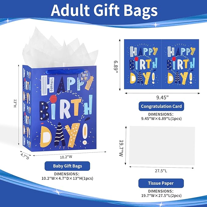 Powbrace 13" Blue Happy Birthday Bag with Tissue Paper and Greeting Card for Party,Happy Birthday Gift Bag for Boys, Girls, Kids, Men Women,Gift Bags Medium size (1 PCS Blue, Gift Bag)
