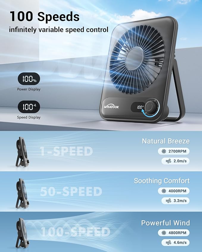 WHATOOK Desk Fan 2 Pack: 100 Speeds Stepless Control 5000mAh Battery Operated Portable Fan, Rechargeable Table Fan for Cruise Ship Essentials, Gift for Couples, Dorm, Office, Bedroom(Black and Black)