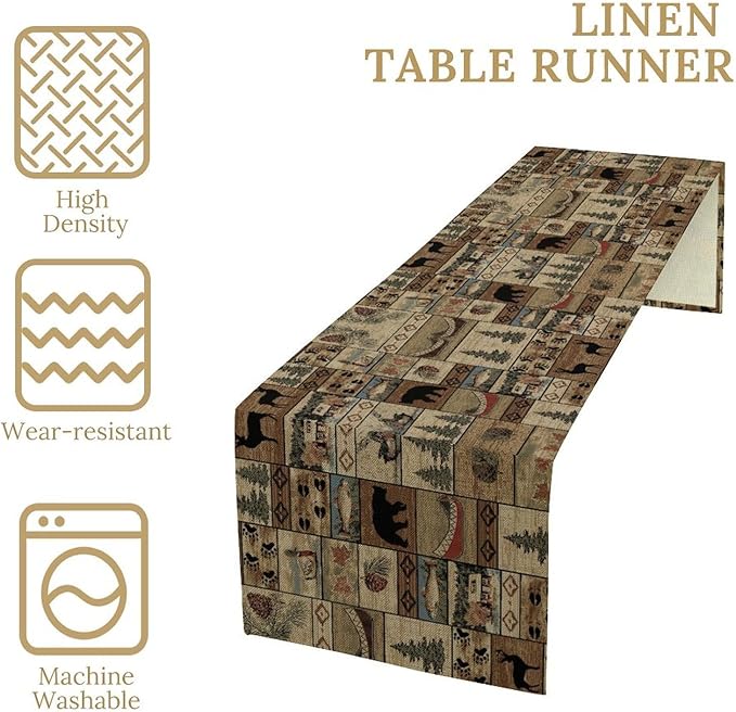 Wildlife Bear Table Runner, Rustic Cabin Animal Farmhouse Table Runner for Home Kitchen Dining Table Party Home 13x60in