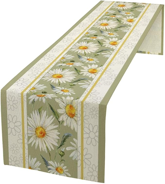 Daisy Flower Table Runner, Summer Watercolor Plants Floral Spring Garden Table Cover for Farmhouse Kitchen Dining Room Party Picnic Table Decor, 13x60inch