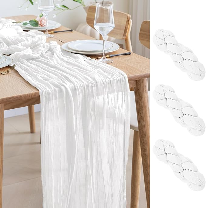 Asee'm 3pcs Cheesecloth Table Runner 120 Inches Long Ivory Boho Gauze Cheese Cloth Runner 10FT Rustic Sheer Table Runners for Christmas Wedding Party Baby Shower Spring Easter Decoration