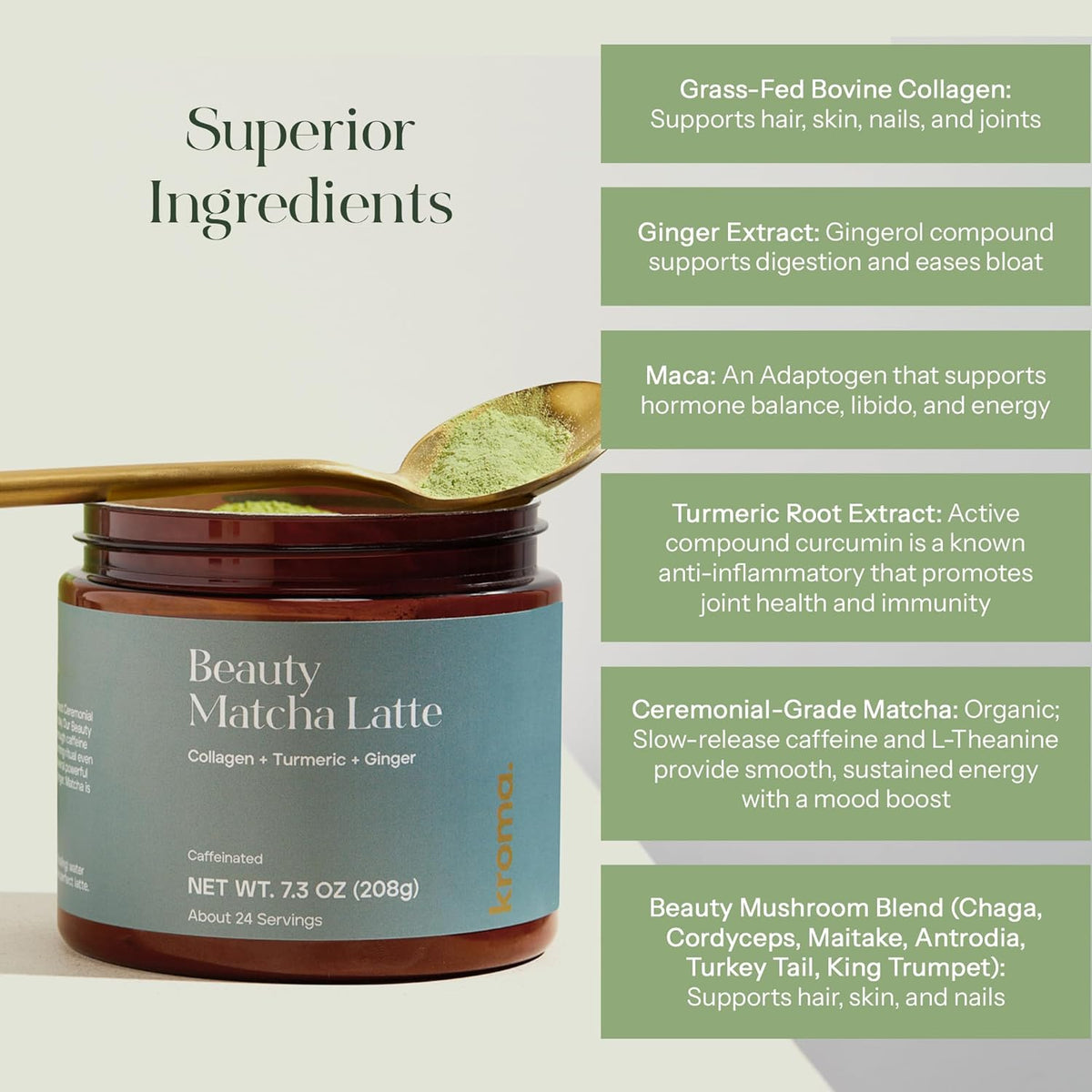 Kroma’s Beauty Matcha Latte Powder 7.18 Oz, 204g, 24 Servings – Collagen Ceremonial Grade Matcha Green Tea with Protein for Glowing Skin & Hair