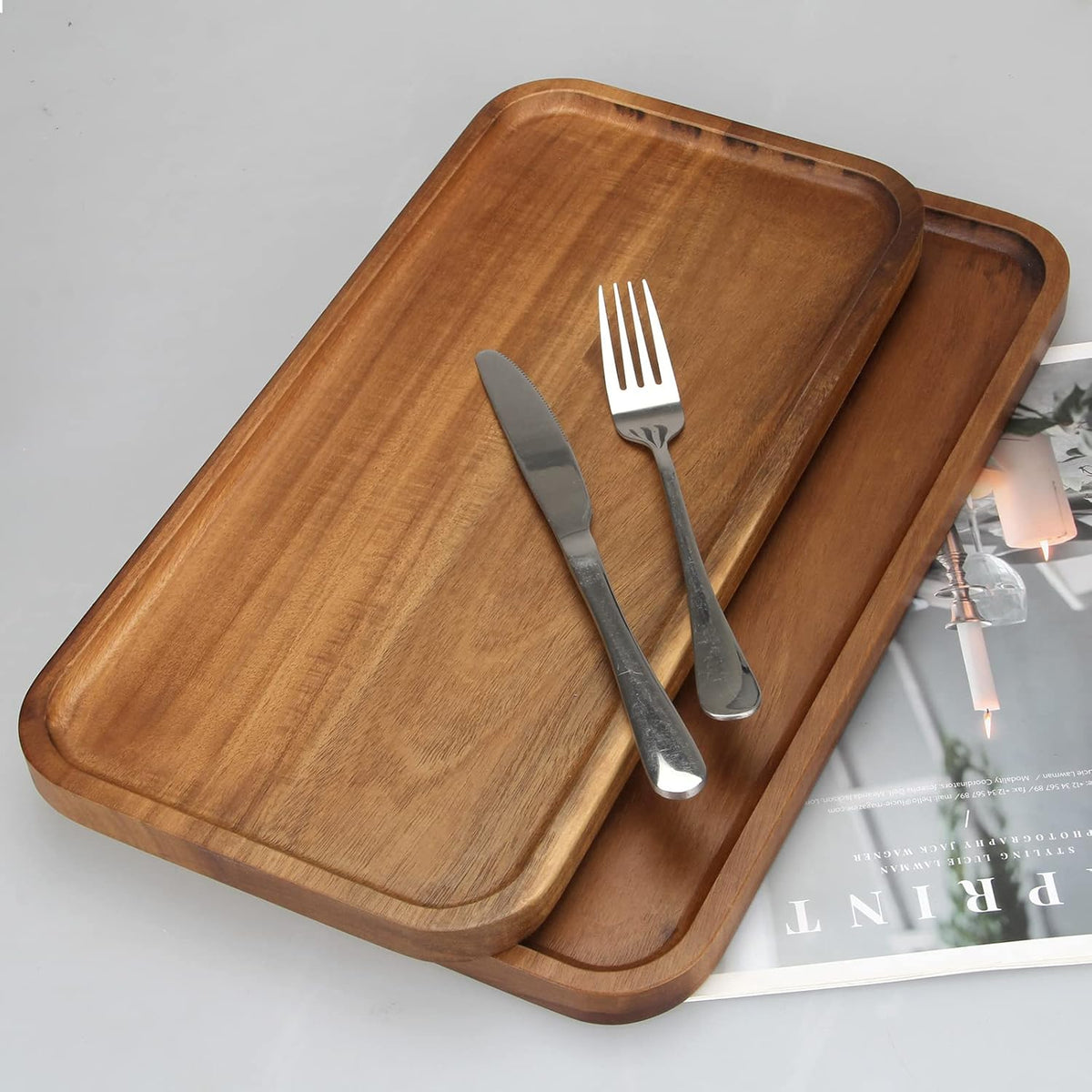2 Pcs Rectangular Serving Platters for Food Dish Party Wooden Charcuterie Boards 14" x 7" Acacia Wood Trays for Kitchen Counter Decor Rectangle