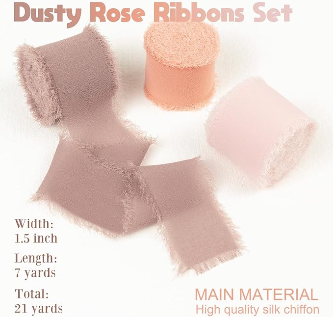 Dusty Rose Chiffon Ribbon 1.5 Inch x 21Yds Handmade Fringe Chiffon Silk Ribbon Brown/Peach/Pink Frayed Chiffon Ribbon for Wedding Invitation Flower Bouquets Bridal Shower Gift Wrapping