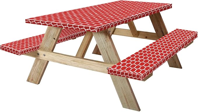 6ft Picnic Table and Bench Cover, Camping Essentials RV Gear, 72 in Waterproof Windproof Outdoor Elastic All Around Tablecloth, Fitted Rectangle Tables and Seats, Red-White Moroccan