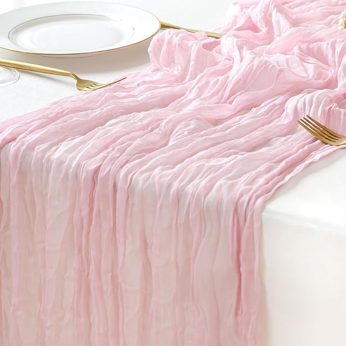 Sioloc Light Pink Cheesecloth Table Runner 120” x 35”, Soft Gauze Boho Wedding Valentines Table Decor for 10ft Table, Romantic Party, Baby Shower, Bridal Shower, Home & Event Decor