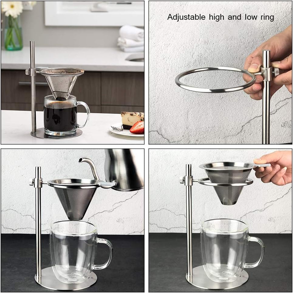 Stainless Steel Adjustable Pour Over Coffee Maker, Adjustable Stand, Double Layer Filter, Freestanding Drip Cone Brewer and Stand
