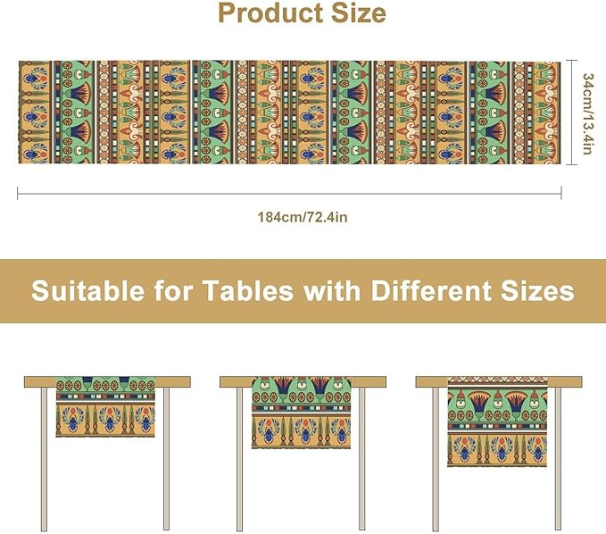 Egyptian Print Table Runner, Egyptian Ornament Scarab Flower Abstract Design Table Runner for Dining Kitchen Party Outdoor Holiday 13x60in
