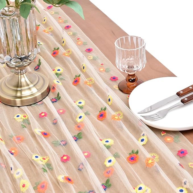 Joanlody 6pcs Champagne Embroidery Daisy Spring Summer Table Runner Florals Seasonal Easter Tulle Table Runner Holiday Kitchen Dining Table Decoration for Home Party Indoor