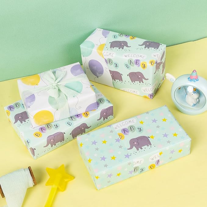 MAYPLUSS Baby Shower Wrapping Paper - 17" X 120" Per roll - Cute Little Boy Green Elephant Animal Design Birthday Joyful Celebration Gift Wrapping Paper for Baby Shower, Party, New Baby Birth