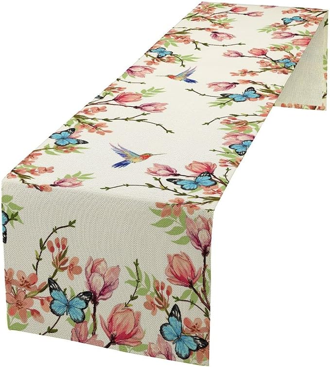 Spring Flower Table Runner, Seasonal Rustic Garden Flowers Bird Butterfly Print Table Runner for Home Kitchen Table Decor, 13x60inch