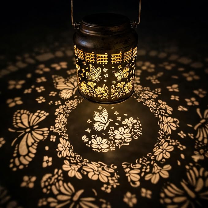 Solar Lanterns Outdoor Waterproof - Retro Metal Hanging Solar Lights with Butterfly Pattern on Bottom, Decorative Garden Decor for Outside Tree Porch Yard, Unique Birthday Gifts for Women Mom Grandma
