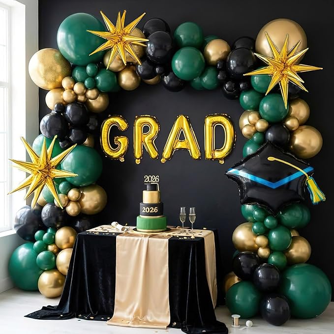 2026 Graduation Party Decorations Green Black Gold Balloons Garland Arch Kit 130pcs-Congrats Grad Golden Letter Balloons for 2026 Prom Party Supplies