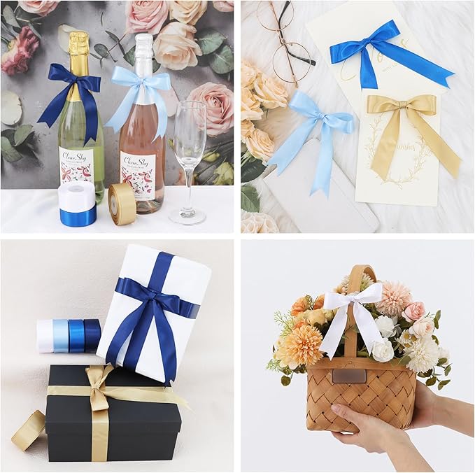 TONIFUL 1 Inch 5 Rolls Blue Gold White Ribbon, Assorted Graduation Satin Ribbons for Gifts Wrapping, Flower Bouquets, Bows, Crafts,Birthday, Graduation Leis, Baby Shower Decoration(25 Yards/Roll