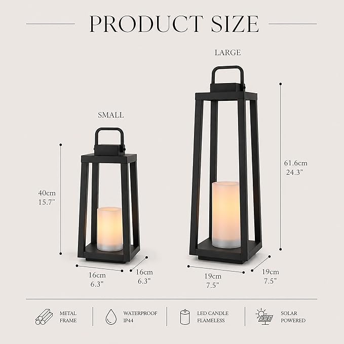 H16 Modern Outdoor Solar Lantern Black Metal Frame with Flickering LED Candle Waterproof and Portable for Patio Deck or Pathway Decorative Sconce with Warm LED
