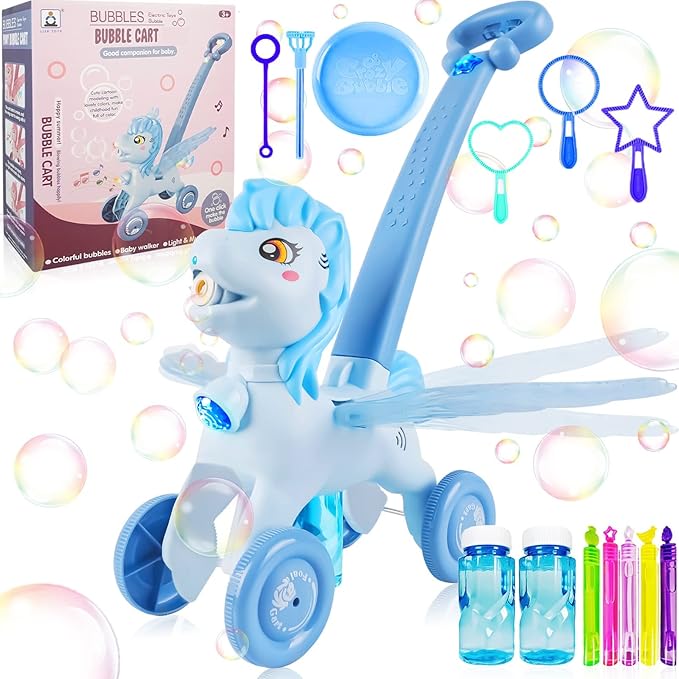 Bubble Machine Blower Blaster Lawn Mower Maker Blue Toy Fun Portable Handheld Operate Automatic Battery Electric Outdoor Summer Birthday Best Gift Light for Toddler Boy Girl Kid 1 2 3+ Year Old