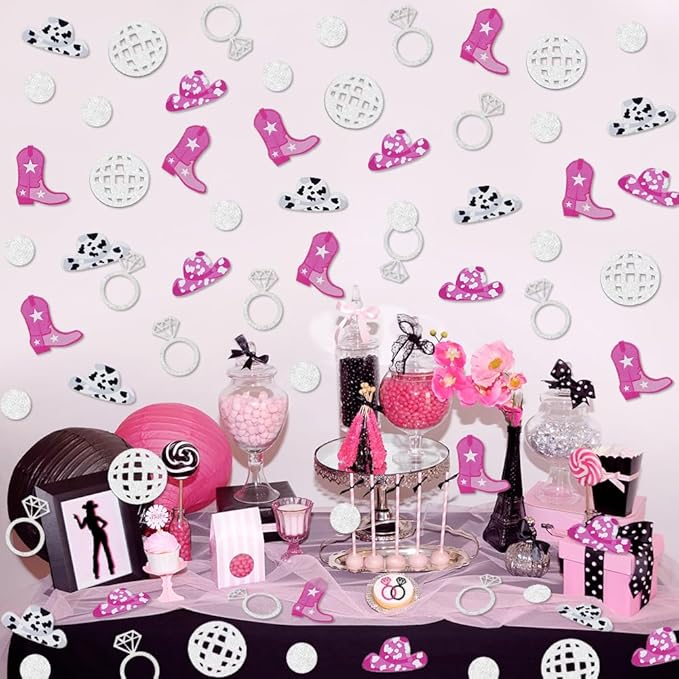 Cowgirl Disco Bachelorette Confetti, Disco Cowgirl Bachelorette Party Decorations, Glitter Disco Ball Ring and Pink Cowgirl Boot Hat Confetti for Bachelorette Bridal Shower Table Decor（100pcs）