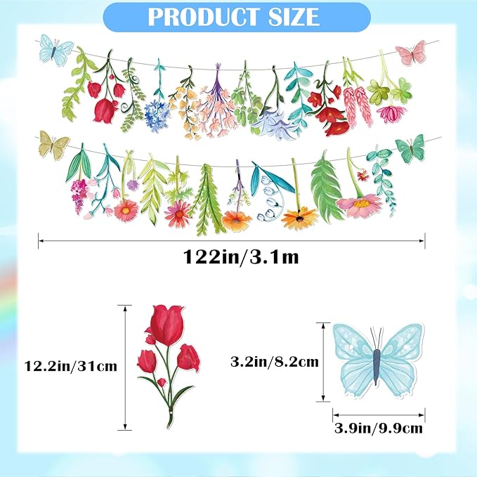 Wildflower Butterfly Party Garland Wedding Party Banner Decorations for Spring Garden Tea Party Birthday Wedding Bridal Baby Shower Supplies