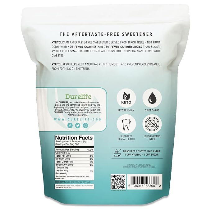 DureLife Xylitol Sugar Substitute 5 LB Bulk (80 OZ) Made From 100% Pure Birch Xylitol NON GMO - Gluten Free - Kosher, Sugar alternative