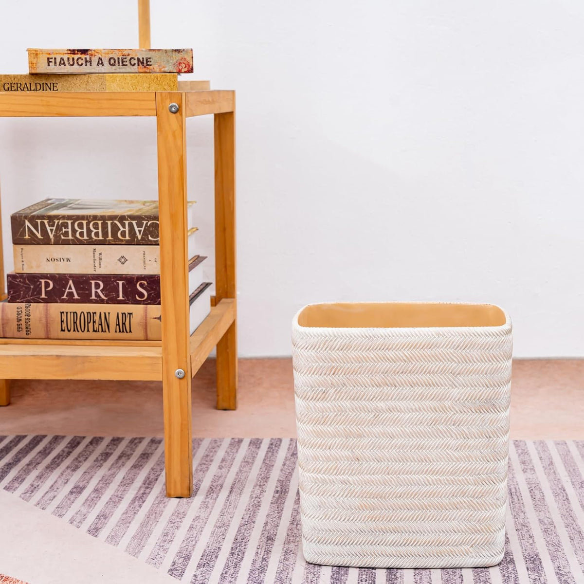Polytree Bathroom Trash Can 1.8 Gallon Small Kitchen Garbage Can,Decor Wastebasket for Bedroom Office,Resin Hand-Carved Bamboo Wicker,Farmhouse White