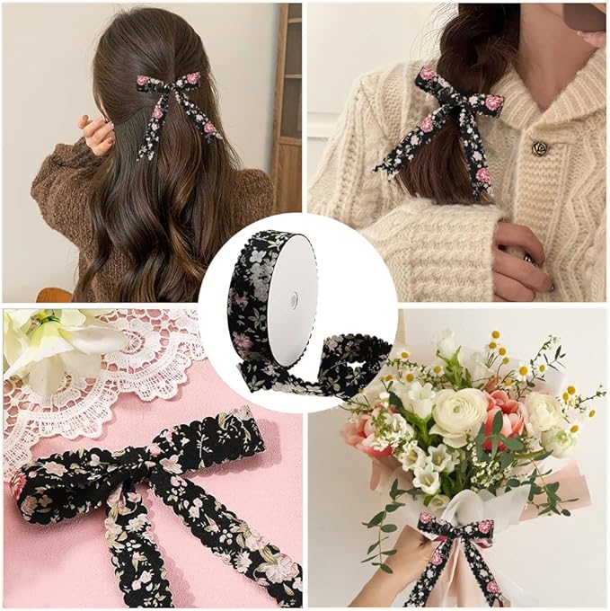 20 Yards Floral Print Ribbon Black Flower Pattern Ribbon Polyester Vintage Spring Summer Double Wavy Edge Fabric Ribbons Bulk with Spool for Sewing Making Crafts Bouquets Wreath Christmas