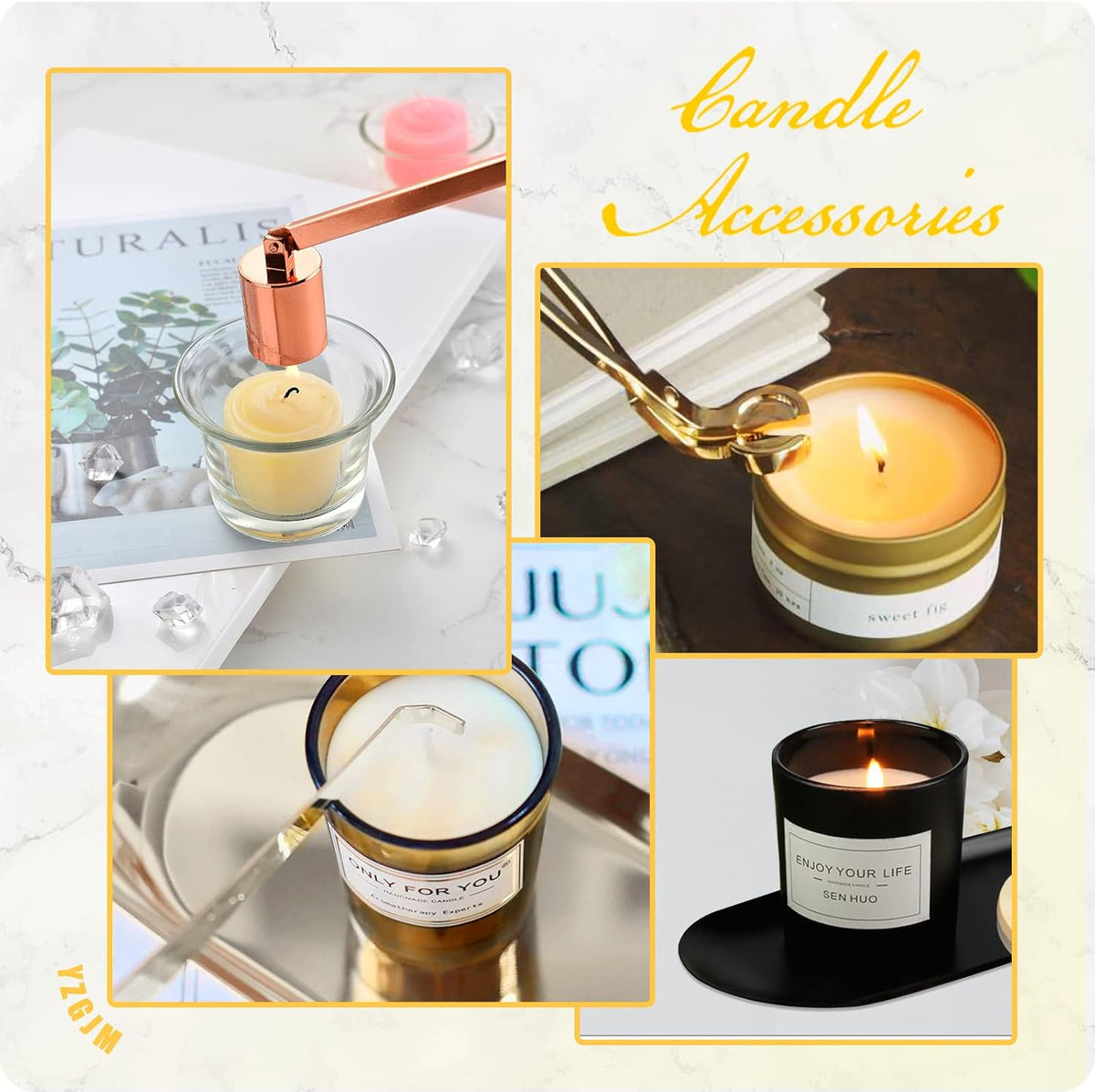Exquisite Candle Accessories Tool Pack Bag, Rechargeable Electric Lighter， Wick Trimmer, Dipper, Snuffer and Tray Holder Elegant Kit Gift for Candle Lovers in Dating, Valentines Decor. ( Lemon Gold )