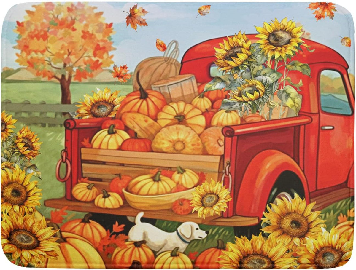 Autumn Pumpkin Red Truck Dish Drying Mat for Kitchen Counter,Fall Leaves Sunflower Cue Dog Harvest Drying Mat 18 x 24 Inch Microfiber Dish Drying Pad