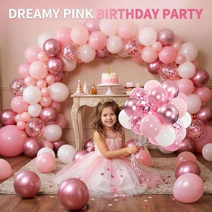 60pcs Pink and White Balloons, 12" Metallic Pearl Pastel Baby Pink Confetti Balloons for wedding Baby Bridal Shower Princess Birthday Decorations (66ft Ribbons)