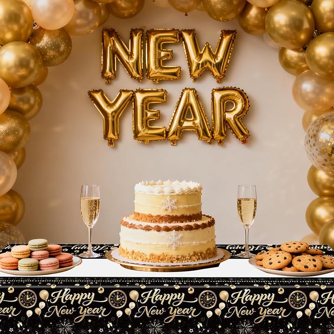 2pack Black and Gold Happy New Year Plastic Tablecloth, 54 x 108 Inch Disposable Rectangle Table Covers with Fireworks, Champagne, and Ornaments for New Year’s Eve Parties Dinners Celebrations