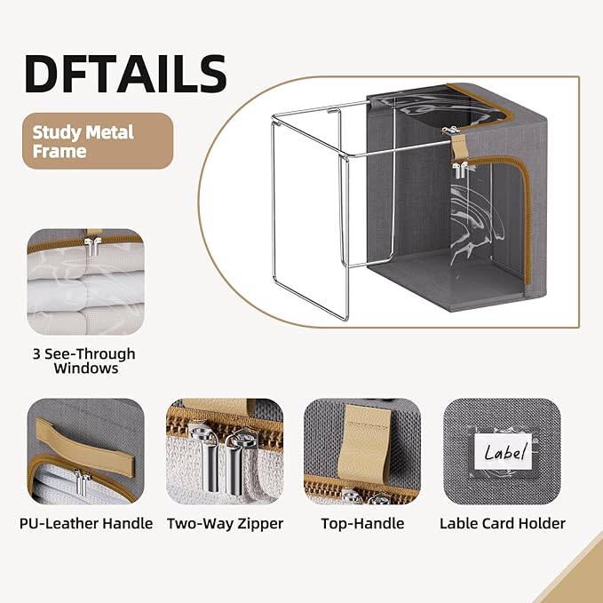 CYhom Clothes Storage Bins with Metal Frame,3 See-Through Windows Openings Clothing Storage Bin,3 Pack Foldable Storage Bins Boxes for Closet (Dark Grey, 55L-16.5 x 12.6 x 16.1IN)
