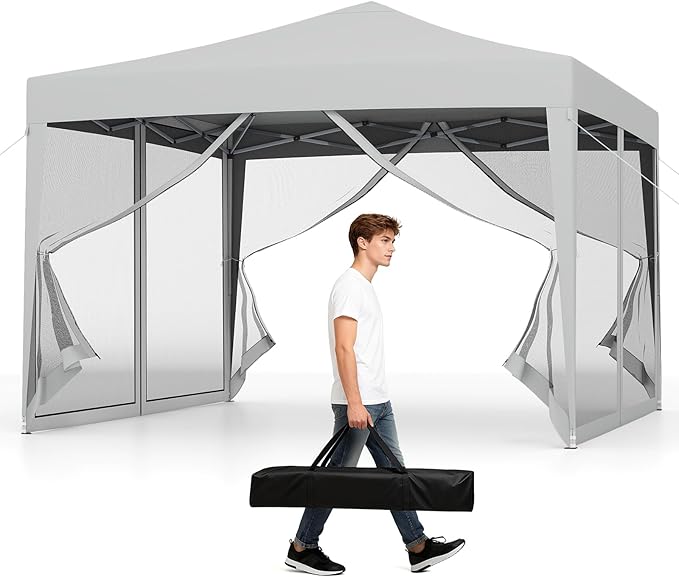 Tangkula 10x10 Ft Pop Up Canopy with Netting, Easy Up Outdoor Tent with Mesh Sidewalls, Carrying Bag, Adjustable Height, Portable Canopy Tent for Parties Events Camping Travel