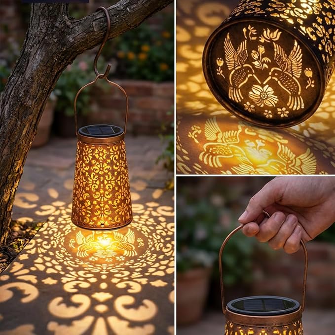 LeiDrail 4 Pack Solar Lanterns Outdoor Waterproof, Hummingbird & Flower Hanging Vintage Metal Lantern, Auto On/Off Garden Patio Yard Porch Pathway Decor, Gifts for Women Mom Grandma