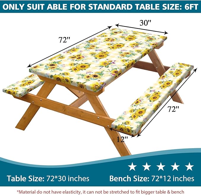 Sunflower Picnic Table Cover with Bench Covers, Yellow Buffalo Plaid Farmhouse Elastic Camping Table Cloth Picnic Party Essentials, Vintage Floral Rectangular Table Cloth Cover