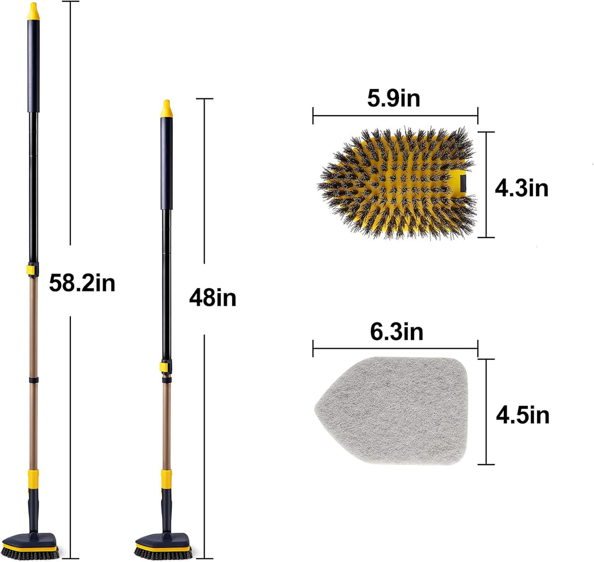 Yocada Tub Tile Scrubber Brush 2 in 1 Cleaning Brush 58.2 Inch Adjustable Telescopic Pole Stiff Bristles Scouring Pads for Cleaning Bathroom Kitchen