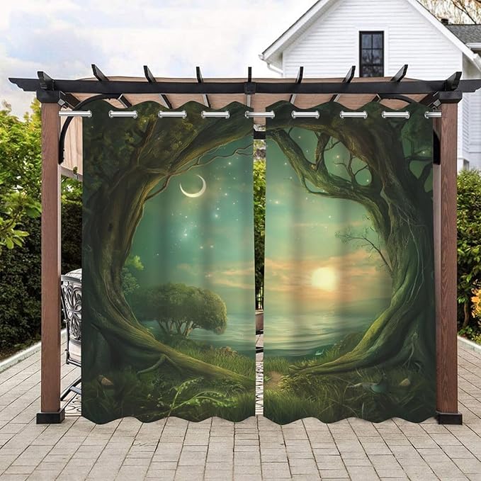 Forest Theme Waterproof Outdoor Curtains for Patio,Trees Moon Lake Pattern,Privacy, Grommet Curtains for Patio, Pergola, Porch, Deck, Lanai, and Cabana,2 Panels,W36 x L84,Green