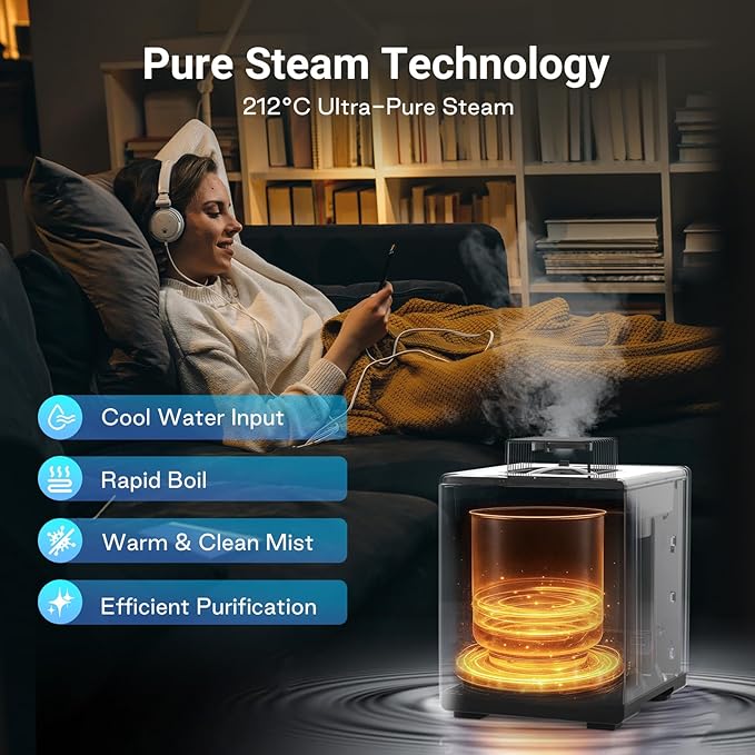 Livatro Stainless Steel Humidifier, 3L Warm Mist Humidifier, Easy Clean with Warm Steam Humidifier, Healthy Air Mist Humidifiers for Bedroom Living Room, with Sleep Mode and Auto-off Setting