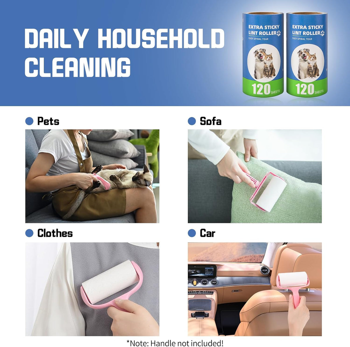 Extra Sticky Lint Roller Refills 6 Pack (720 Sheets) fit 3.8"-4" Standard Size Lint Roller Sticker with Inner Diameter at 1.5" for Pet Hair, Clothes, Furniture, Cars, No Handle Included