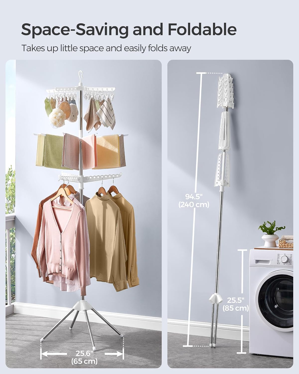 Songmics 3-Tier Clothes Drying Rack, 82.7-Inch Folding Laundry Drying Rack with 11 Rotatable Arms for Hangers, 24 Clips, Stainless Steel