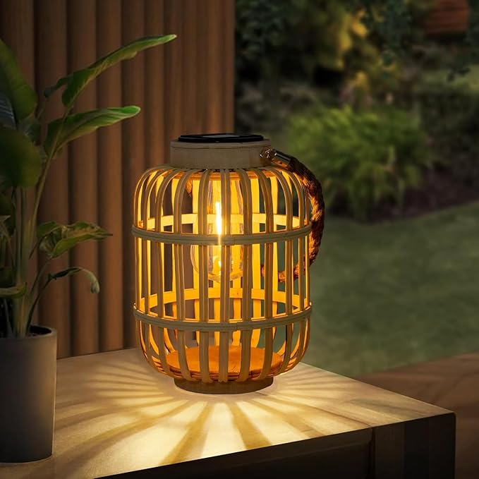 pearlstar Outdoor Solar Lanterns Light Rattan Natural Lantern with Handle for Hanging or Table Lamp for Patio Yard Garden Wedding Home Decoration, Edison Bulb, Auto on/Off (Style 4)